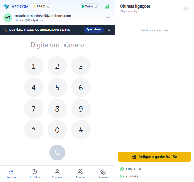 Webphone da API4COM na nova interface