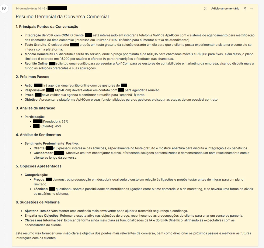 Resumo Gerencial das ligações na API4COM