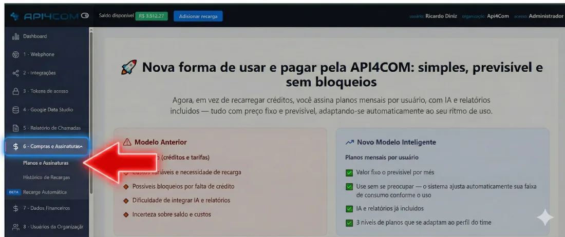 Onde encontrar Planos e Assinaturas na plataforma da API4COM