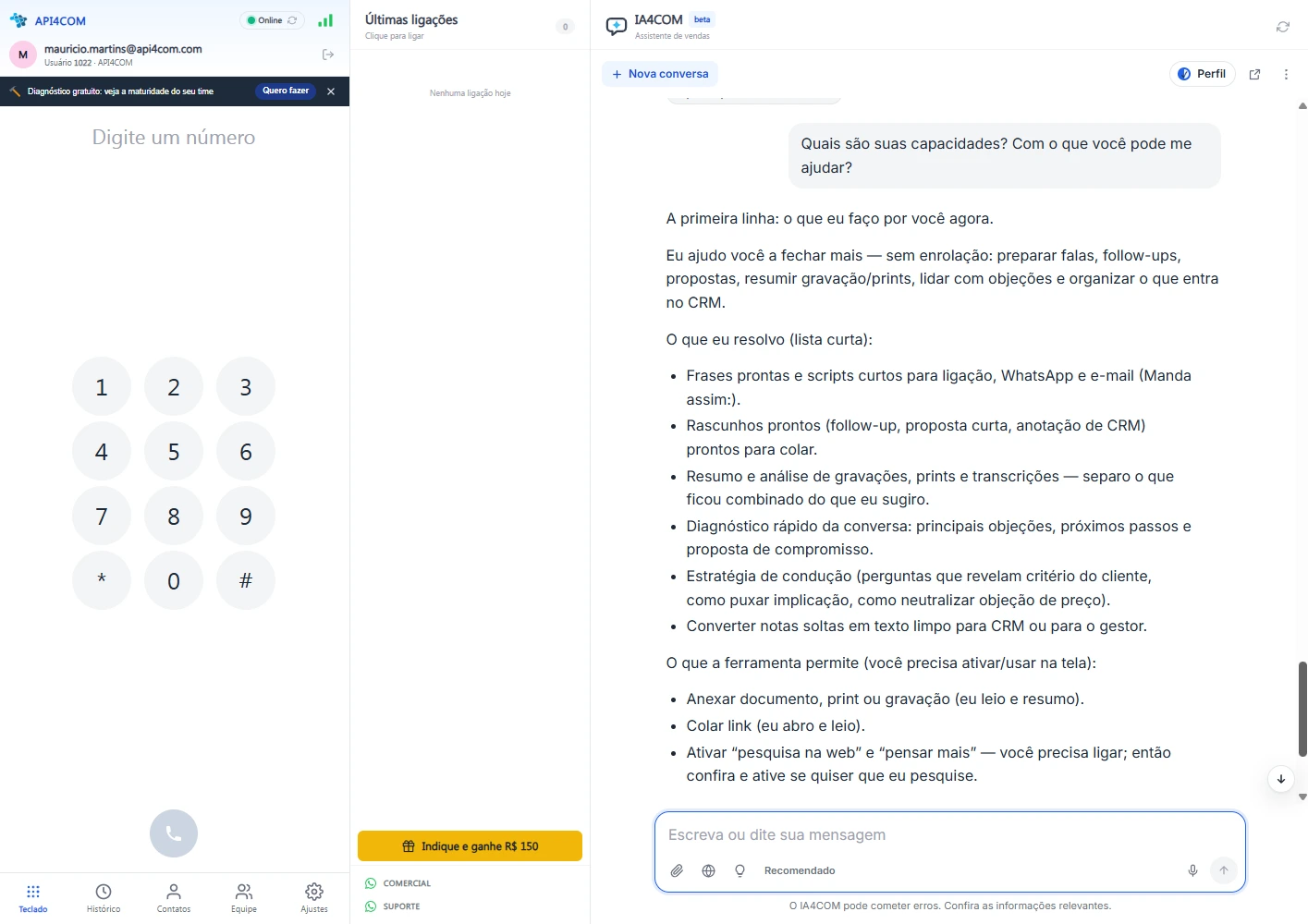 O IA4COM aberto ao lado do Webphone, respondendo o que ele resolve para o vendedor