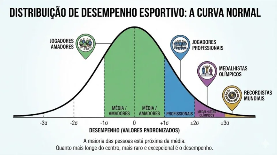 Gráfico da curva normal do desempenho esportivo, com amadores na média e profissionais, medalhistas olímpicos e recordistas mundiais nas pontas
