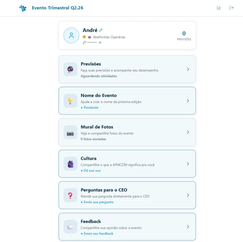 Tela do app do Evento Trimestral Q2.26, com previsões, nome do evento, mural de fotos, cultura, perguntas para o CEO e feedback